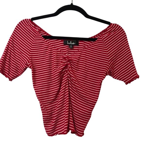Lulus Red White Striped Cropped Short Sleeve Tee Womens XS Ruched Girly Ruffled - Picture 1 of 7